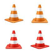 Red and orange road cones realistic illustrations set