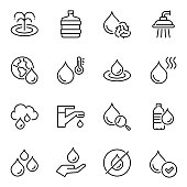 Water usage thin line contour icons set