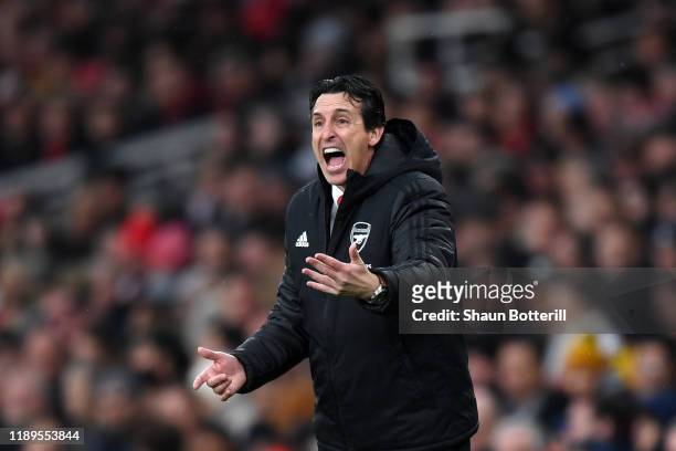 Unai Emery, Manager of Arsenal looks on during the Premier League match between Arsenal FC and Southampton FC at Emirates Stadium on November 23,...