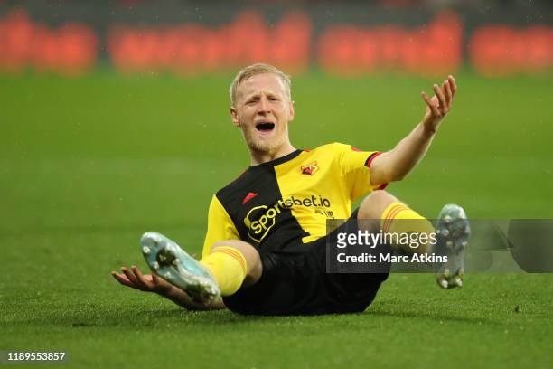 Will Hughes of Watford reacts during the Premier League match between Watford FC and Burnley FC at Vicarage Road on November 23, 2019 in Watford,...