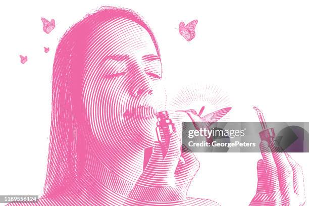 multiple exposure of young woman smelling essential oils with hummingbird - aromatherapy oil illustration stock illustrations