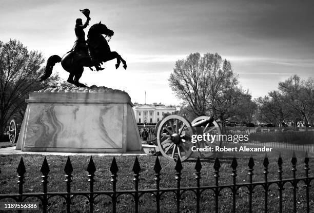 Statue of Marquis de Lafayette faces the White House from its base in Lafayette Square in Washington, D.C.