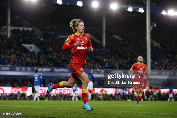 Todd Cantwell of Norwich City celebrates after scoring his team's first goal during the Premier League match between Everton FC and Norwich City at...