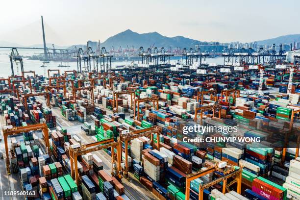 aerial view of colorful container terminal - trade war stock pictures, royalty-free photos & images