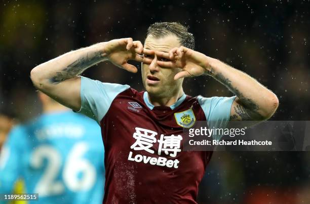 Ashley Barnes of Burnley celebrates after scoring his team's second goal during the Premier League match between Watford FC and Burnley FC at...