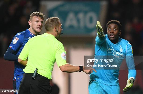 Brice Samba of Nottingham Forest reacts after being booked during the Sky Bet Championship match between Bristol City and Nottingham Forest at Ashton...