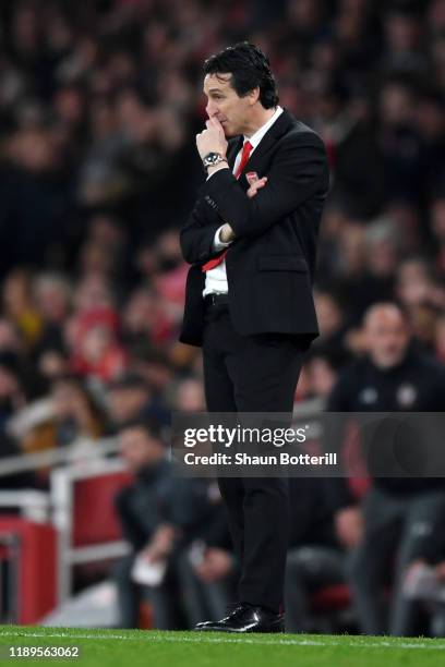 Unai Emery, Manager of Arsenal reacts during the Premier League match between Arsenal FC and Southampton FC at Emirates Stadium on November 23, 2019...