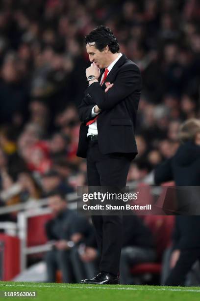 Unai Emery, Manager of Arsenal reacts during the Premier League match between Arsenal FC and Southampton FC at Emirates Stadium on November 23, 2019...