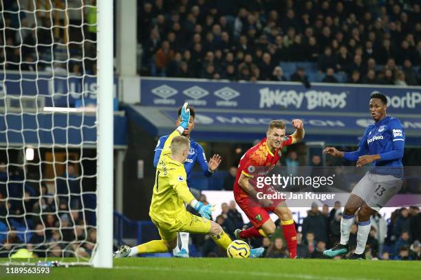 Dennis Srbeny of Norwich City scores his team's second goal during the Premier League match between Everton FC and Norwich City at Goodison Park on...