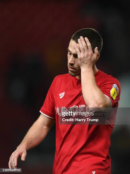 Tommy Rowe of Bristol City reacts at the final whistle during the Sky Bet Championship match between Bristol City and Nottingham Forest at Ashton...