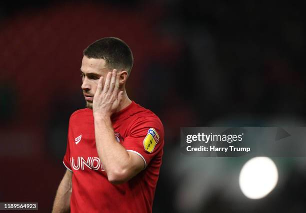 Tommy Rowe of Bristol City reacts at the final whistle during the Sky Bet Championship match between Bristol City and Nottingham Forest at Ashton...