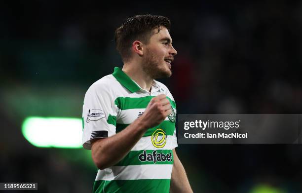 James Forrest of Celtic celebrates scoring his team's fourth goal during the Ladbrokes Premiership match between Celtic and Livingston at Celtic Park...