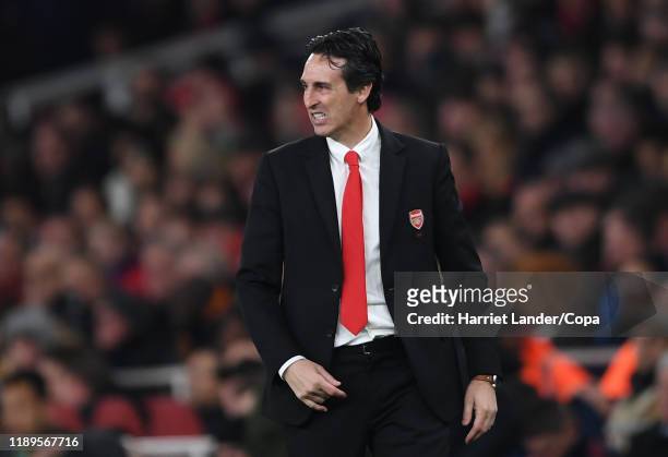 Unai Emery, Manager of Arsenal reacts during the Premier League match between Arsenal FC and Southampton FC at Emirates Stadium on November 23, 2019...