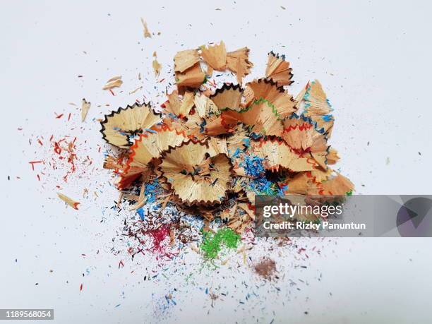 close-up of colored pencil shavings - colored pencil stock pictures, royalty-free photos & images