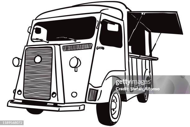 vector drawing of old style food truck - food truck stock illustrations