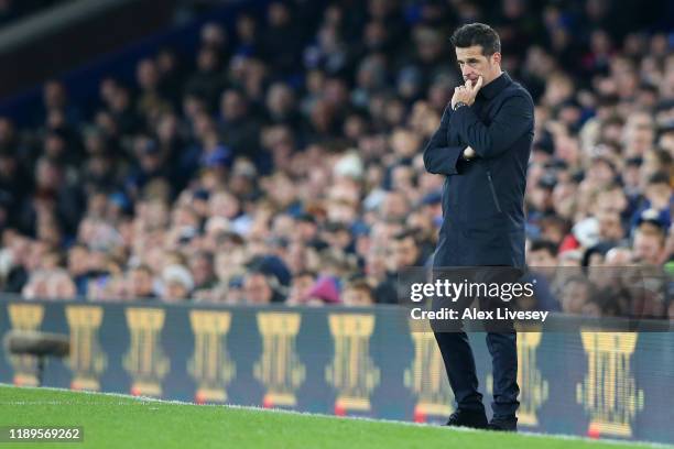 Marco Silva, Manager of Everton looks dejected following his sides defeat in during the Premier League match between Everton FC and Norwich City at...