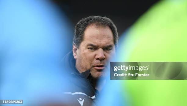 Glasgow coach Dave Rennie reacts during the warm up before the Heineken Champions Cup Round 2 match between Exeter Chiefs and Glasgow Warriors at...