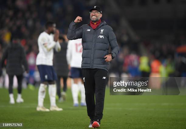 Jurgen Klopp, Manager of Liverpool reacts following his sides win during the Premier League match between Crystal Palace and Liverpool FC at Selhurst...