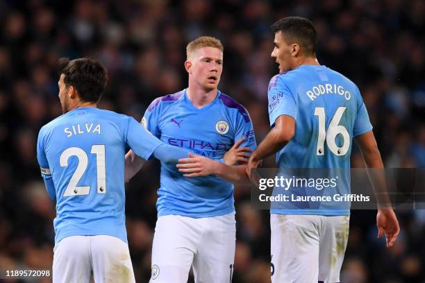 Kevin De Bruyne of Manchester City celebrates with teammates after scoring his team's second goal as ch during the Premier League match between...