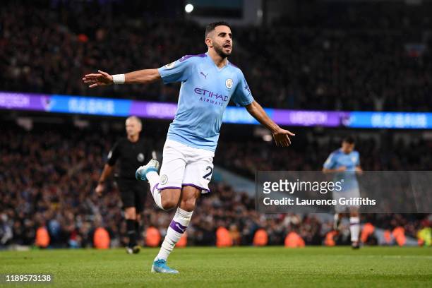 Riyad Mahrez of Manchester City celebrates after scoring his team's second goal during the Premier League match between Manchester City and Chelsea...