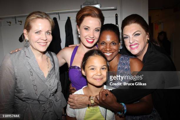 Renee Fleming, Sierra Boggess, Zoe Madeline Donovan, mother Audra McDonald and Tyne Daly as "Maria Callas" pose backstage at the hit play "Master...