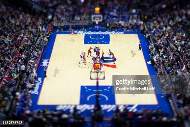 General view of the Wells Fargo Center during the tip-off between the Miami Heat and Philadelphia 76ers on December 18, 2019 in Philadelphia,...