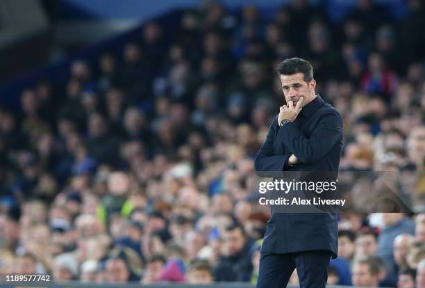 Marco Silva, manager of Everton looks dejected following his sides defeatduring the Premier League match between Everton FC and Norwich City at...