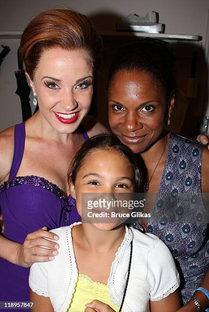 Sierra Boggess, Zoe Madeline Donovan and mother Audra McDonald pose backstage at the hit play "Master Class" on Broadway at The Samuel J. Friedman...