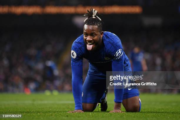 Michy Batshuayi of Chelsea reacts during the Premier League match between Manchester City and Chelsea FC at Etihad Stadium on November 23, 2019 in...