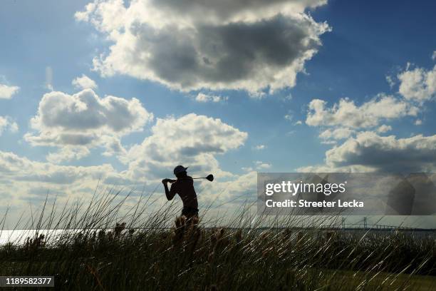 Brendon Todd of the United States plays his shot from the 14th tee during the third round of the RSM Classic on the Seaside course at Sea Island Golf...