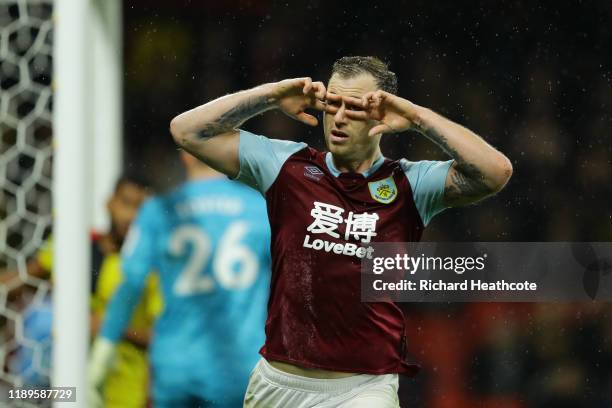 Ashley Barnes of Burnley celebrates after scoring his team's second goal during the Premier League match between Watford FC and Burnley FC at...