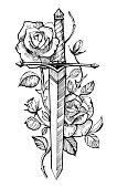 Sword with roses. Tattoo sketch.  Hand drawn illustration converted to vector. Isolated on white background.