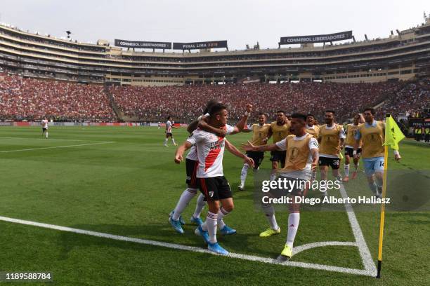 Rafael Santos Borre of River Plate celebrates after scoring the first goal of his team with teammates during the final match of Copa CONMEBOL...