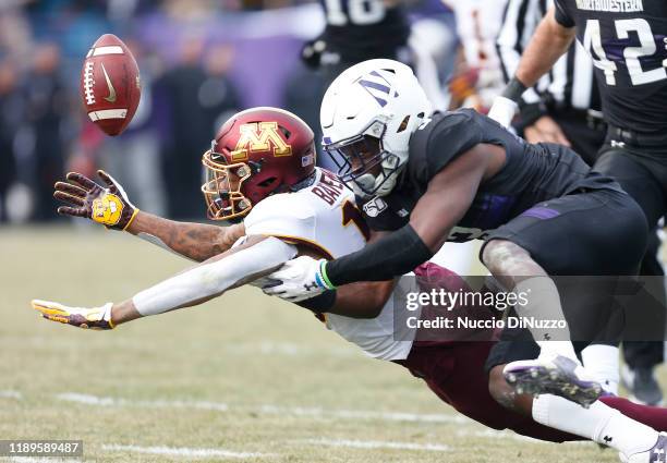 Rashod Bateman of the Minnesota Golden Gophers is unable to catch a pass in front of Trae Williams of the Northwestern Wildcats during the second...