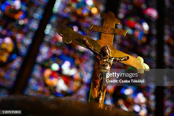 crucifix in dinant cathedral - crucifixion stock pictures, royalty-free photos & images