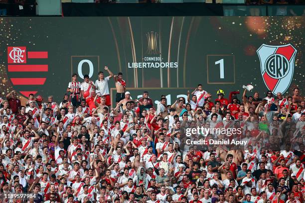 Fans of Flamengo cheer their team during the final match of Copa CONMEBOL Libertadores 2019 between Flamengo and River Plate at Estadio Monumental on...