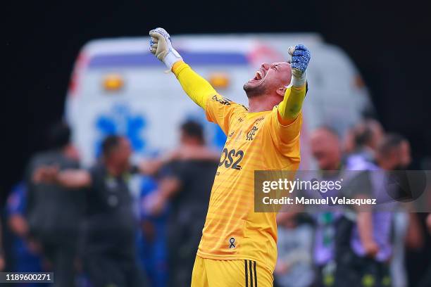 Diego Alves of Flamengo celebrates the the second goal of his team scored by teammate Gabriel Barbosa during the final match of Copa CONMEBOL...