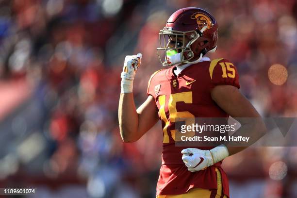 Drake London of the USC Trojans reacts after a USC touchdown during the first half of a game against the UCLA Bruins at Los Angeles Memorial Coliseum...