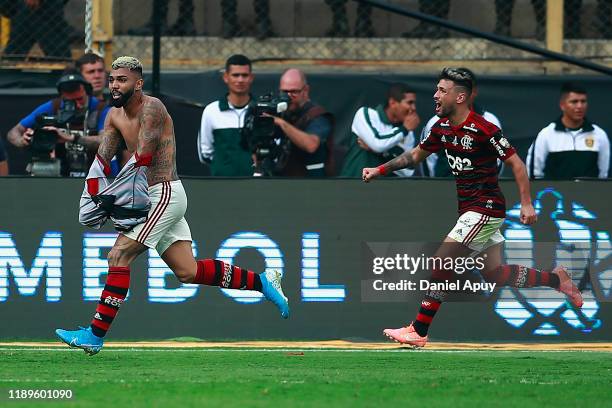 Gabriel Barbosa of Flamengo celebrates after scoring the second goal of his team during the final match of Copa CONMEBOL Libertadores 2019 between...