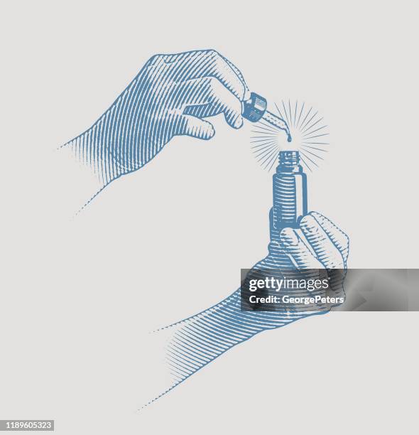 ilustraciones, imágenes clip art, dibujos animados e iconos de stock de manos de mujer usando botella y pipeta de aceite cbd - bottle illustration vintage