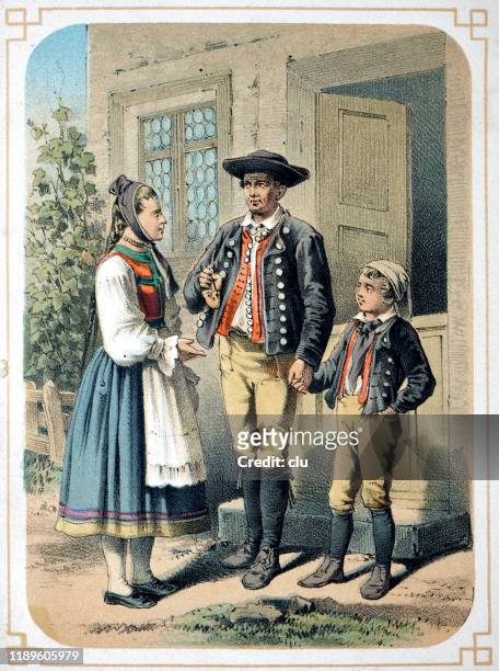 black forest family in traditional costumes - oktoberfest home stock illustrations