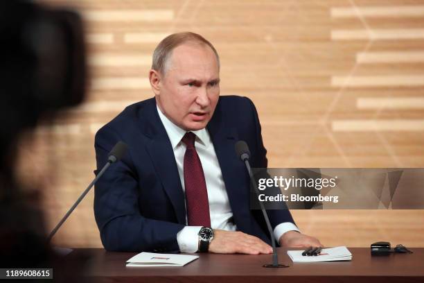 Vladimir Putin, Russia's president, reacts during his annual news conference in Moscow, Russia, on Thursday, Dec. 19, 2019. A year ago, Putin said...