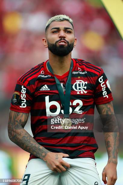Gabriel Barbosa of Flamengo celebrates winning the the final match of Copa CONMEBOL Libertadores 2019 between Flamengo and River Plate at Estadio...