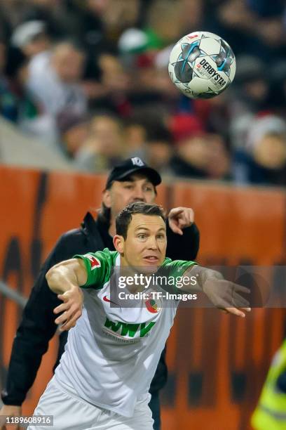 Stephan Lichtsteiner of Fc Augsburg throw-in during the Bundesliga match between FC Augsburg and Fortuna Duesseldorf at WWK-Arena on December 17,...