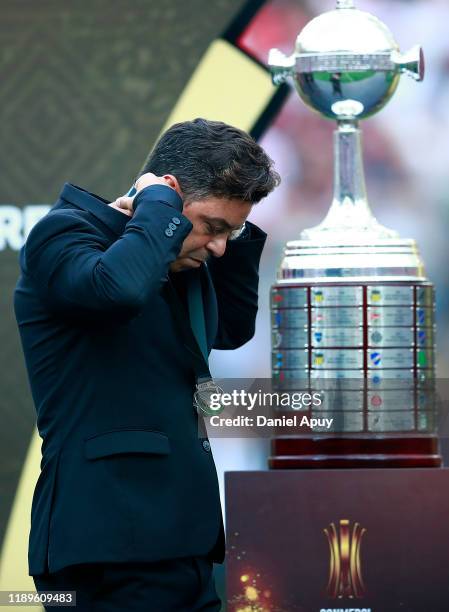 Head Coach of River Plate Marcelo Gallardo reacts after receiving the second place medal after the final match of Copa CONMEBOL Libertadores 2019...