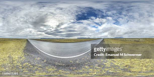 360° panorama of a dramatic automotive scenery in iceland while summer country street for cgi. - high dynamic range imaging - fotografias e filmes do acervo