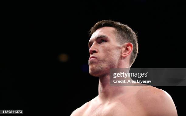 Callum Smith looks on prior to he WBA World, WBC Diamond & Ring Magazine Super-Middleweight Title Fight at M&S Bank Arena on November 23, 2019 in...