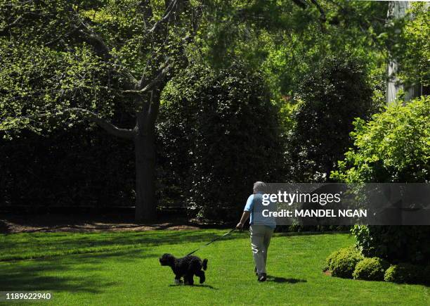 White House Horticulturist Dale Haney walks with Bo, the Obama family dog, outside of the Oval Office of the White House on April 27, 2009 in...