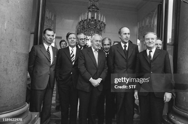 Prime Minister of Belgium Leo Tindemans, West German Chancellor Helmut Schmidt, Luxemburg Premier Gaston Thorn, UK Premier Harold Wilson, Italian...