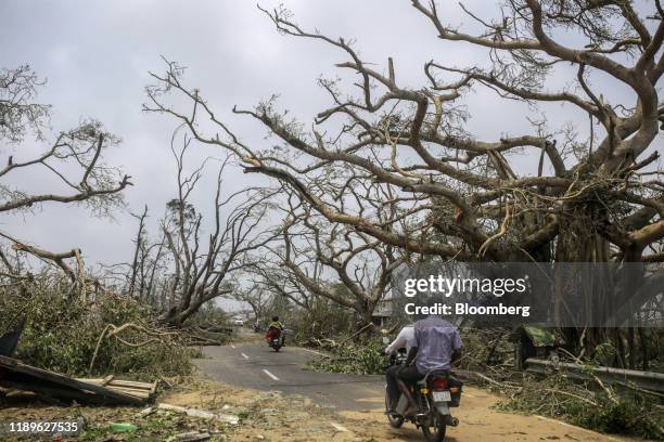 Bloomberg Pictures Of The Year 2019: Threatened Planet. Motorcyclists travel past damaged trees after Cyclone Fani passes in the Puri district of...